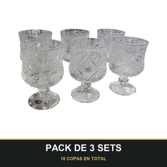 PACK DE 3 SETS — Set de 6 Copas de Cristal Tallado – Estilo Vintage. 18 COPAS EN TOTAL