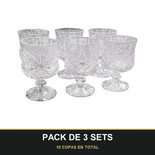 PACK DE 3 SETS — Set de 6 Copas de Cristal Tallado – Estilo Vintage. 18 COPAS EN TOTAL