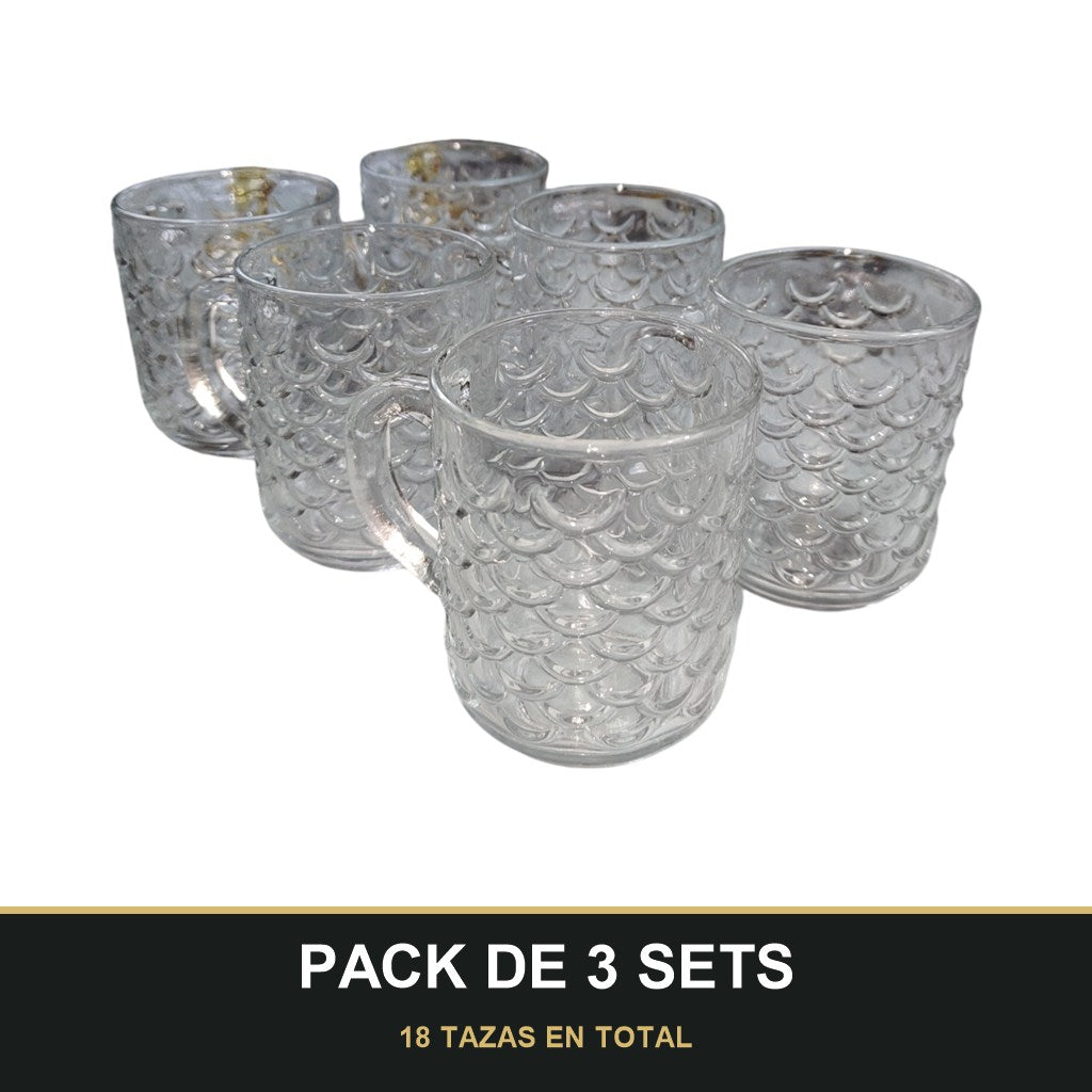 PACK DE 3 SETS — Pack de 6 Tazas de Cristal con Relieve Escamado – Elegancia y Estilo para tu Mesa. 18 TAZAS EN TOTAL