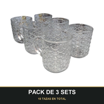 PACK DE 3 SETS — Pack de 6 Tazas de Cristal con Relieve Escamado – Elegancia y Estilo para tu Mesa. 18 TAZAS EN TOTAL