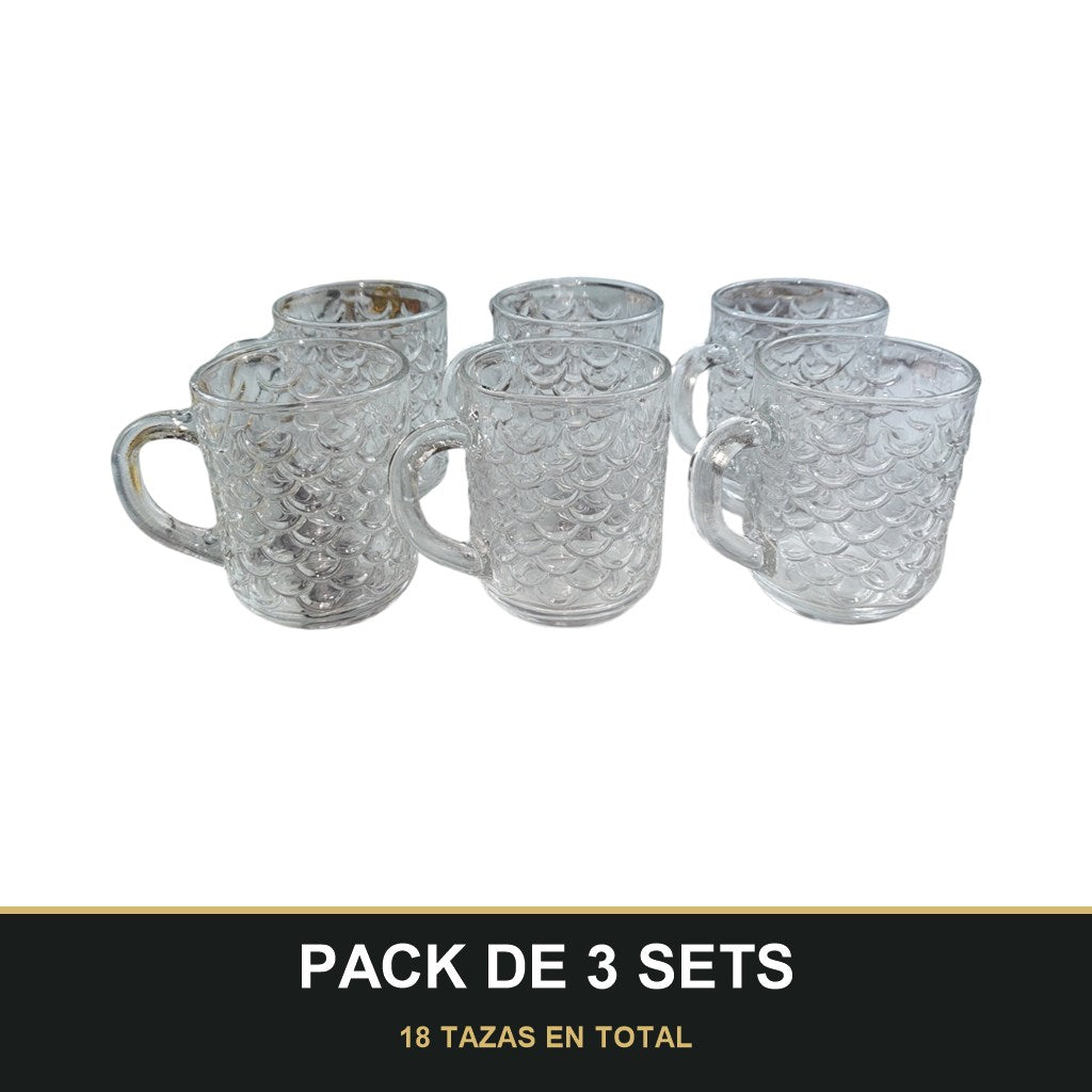 PACK DE 3 SETS — Pack de 6 Tazas de Cristal con Relieve Escamado – Elegancia y Estilo para tu Mesa. 18 TAZAS EN TOTAL