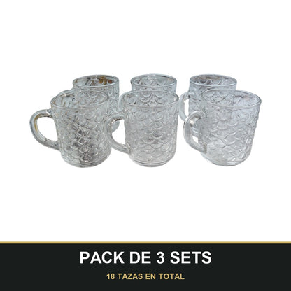 PACK DE 3 SETS — Pack de 6 Tazas de Cristal con Relieve Escamado – Elegancia y Estilo para tu Mesa. 18 TAZAS EN TOTAL