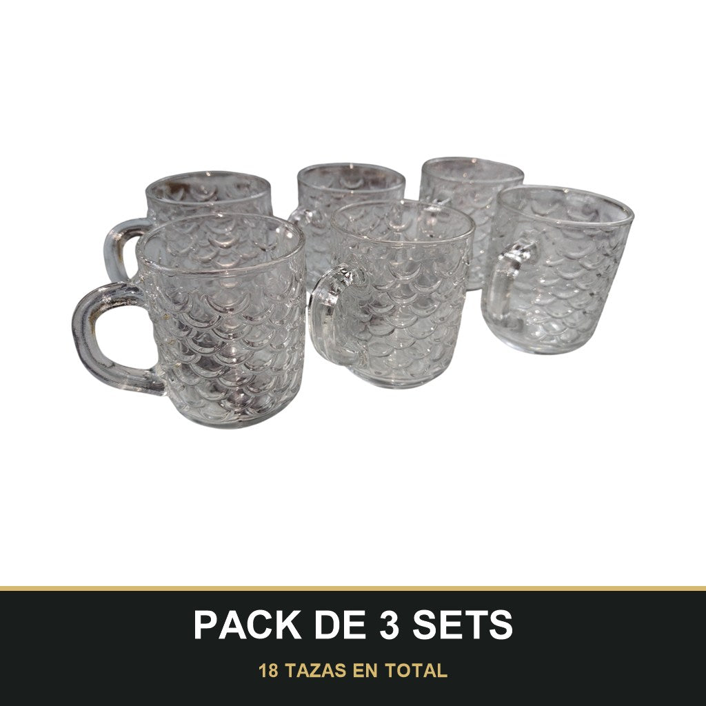 PACK DE 3 SETS — Pack de 6 Tazas de Cristal con Relieve Escamado – Elegancia y Estilo para tu Mesa. 18 TAZAS EN TOTAL