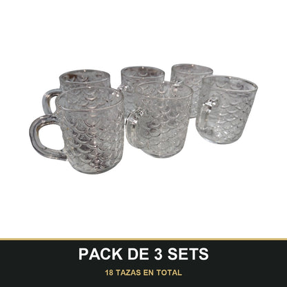PACK DE 3 SETS — Pack de 6 Tazas de Cristal con Relieve Escamado – Elegancia y Estilo para tu Mesa. 18 TAZAS EN TOTAL