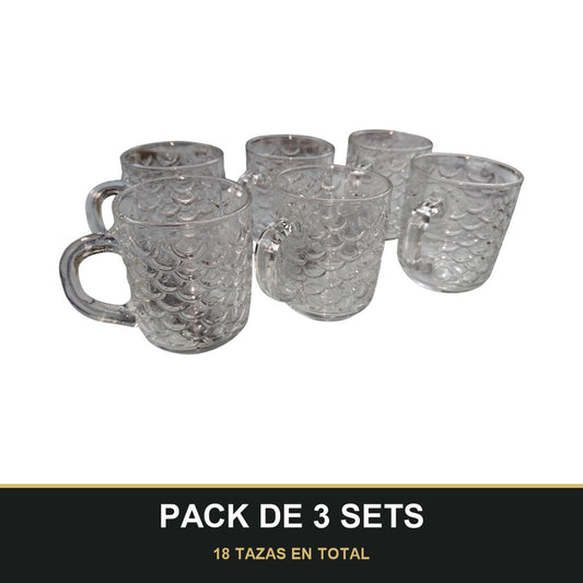 PACK DE 3 SETS — Pack de 6 Tazas de Cristal con Relieve Escamado – Elegancia y Estilo para tu Mesa. 18 TAZAS EN TOTAL