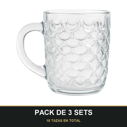 PACK DE 3 SETS — Pack de 6 Tazas de Cristal con Relieve Escamado – Elegancia y Estilo para tu Mesa. 18 TAZAS EN TOTAL