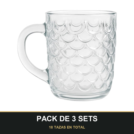 PACK DE 3 SETS — Pack de 6 Tazas de Cristal con Relieve Escamado – Elegancia y Estilo para tu Mesa. 18 TAZAS EN TOTAL