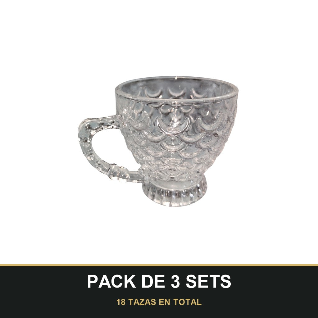 PACK DE 3 SETS — Pack de 6 Tazas de Cristal con Asa Decorada – Diseño Elegante con Relieve Escamado. 18 TAZAS EN TOTAL
