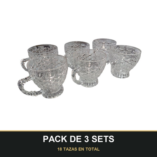 PACK DE 3 SETS — Pack de 6 Tazas de Cristal con Asa Decorada – Diseño Elegante con Relieve Escamado. 18 TAZAS EN TOTAL