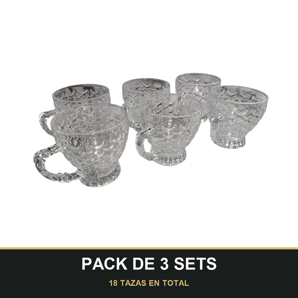 PACK DE 3 SETS — Pack de 6 Tazas de Cristal con Asa Decorada – Diseño Elegante con Relieve Escamado. 18 TAZAS EN TOTAL