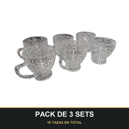 PACK DE 3 SETS — Pack de 6 Tazas de Cristal con Asa Decorada – Diseño Elegante con Relieve Escamado. 18 TAZAS EN TOTAL