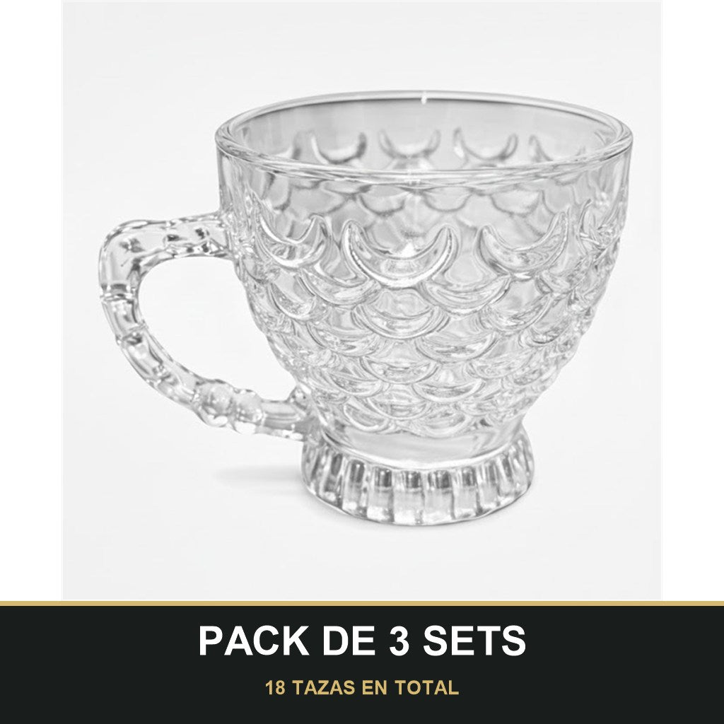 PACK DE 3 SETS — Pack de 6 Tazas de Cristal con Asa Decorada – Diseño Elegante con Relieve Escamado. 18 TAZAS EN TOTAL