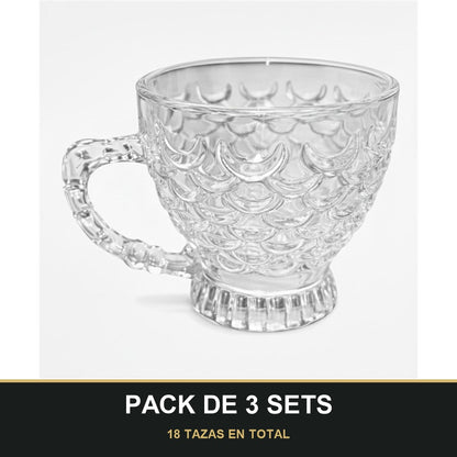 PACK DE 3 SETS — Pack de 6 Tazas de Cristal con Asa Decorada – Diseño Elegante con Relieve Escamado. 18 TAZAS EN TOTAL