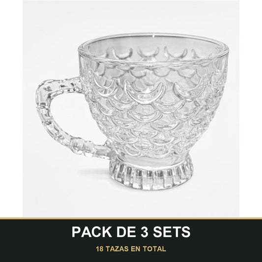 PACK DE 3 SETS — Pack de 6 Tazas de Cristal con Asa Decorada – Diseño Elegante con Relieve Escamado. 18 TAZAS EN TOTAL