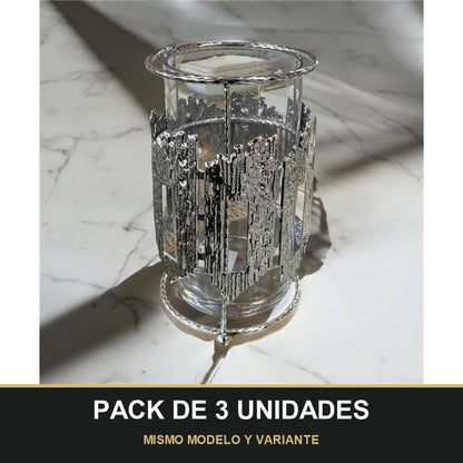 PACK DE 3 UNIDADES — Portavelas de Cristal con Estructura Metálica Plateada – Estilo Moderno y Elegante. MISMO MODELO Y VARIANTE