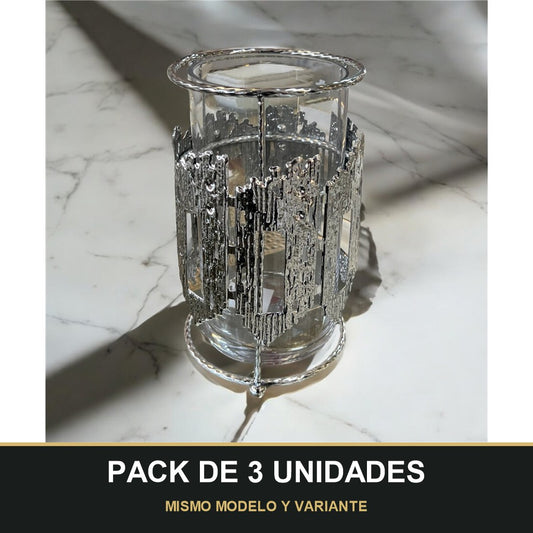 PACK DE 3 UNIDADES — Portavelas de Cristal con Estructura Metálica Plateada – Estilo Moderno y Elegante. MISMO MODELO Y VARIANTE