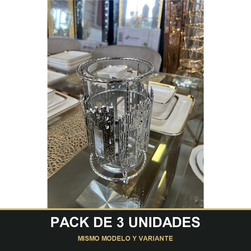 PACK DE 3 UNIDADES — Portavelas de Cristal con Estructura Metálica Plateada – Estilo Moderno y Elegante. MISMO MODELO Y VARIANTE