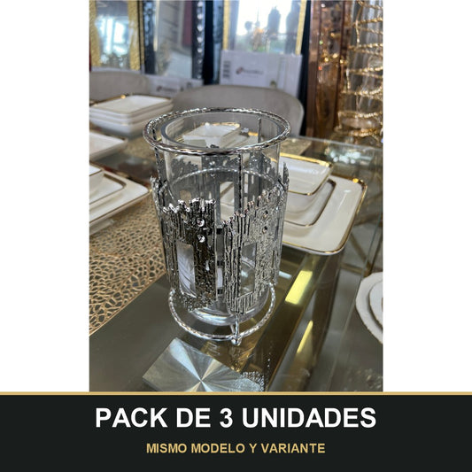 PACK DE 3 UNIDADES — Portavelas de Cristal con Estructura Metálica Plateada – Estilo Moderno y Elegante. MISMO MODELO Y VARIANTE