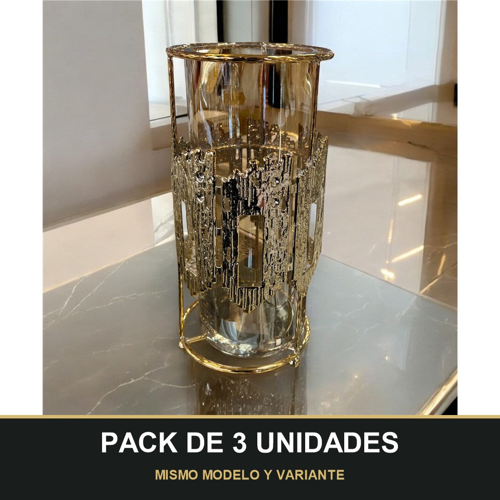 PACK DE 3 UNIDADES — Portavelas de Cristal con Detalle Metálico Dorado – Diseño Moderno y Lujos. MISMO MODELO Y VARIANTE