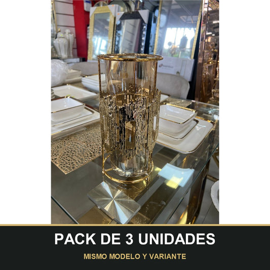 PACK DE 3 UNIDADES — Portavelas de Cristal con Detalle Metálico Dorado – Diseño Moderno y Lujos. MISMO MODELO Y VARIANTE