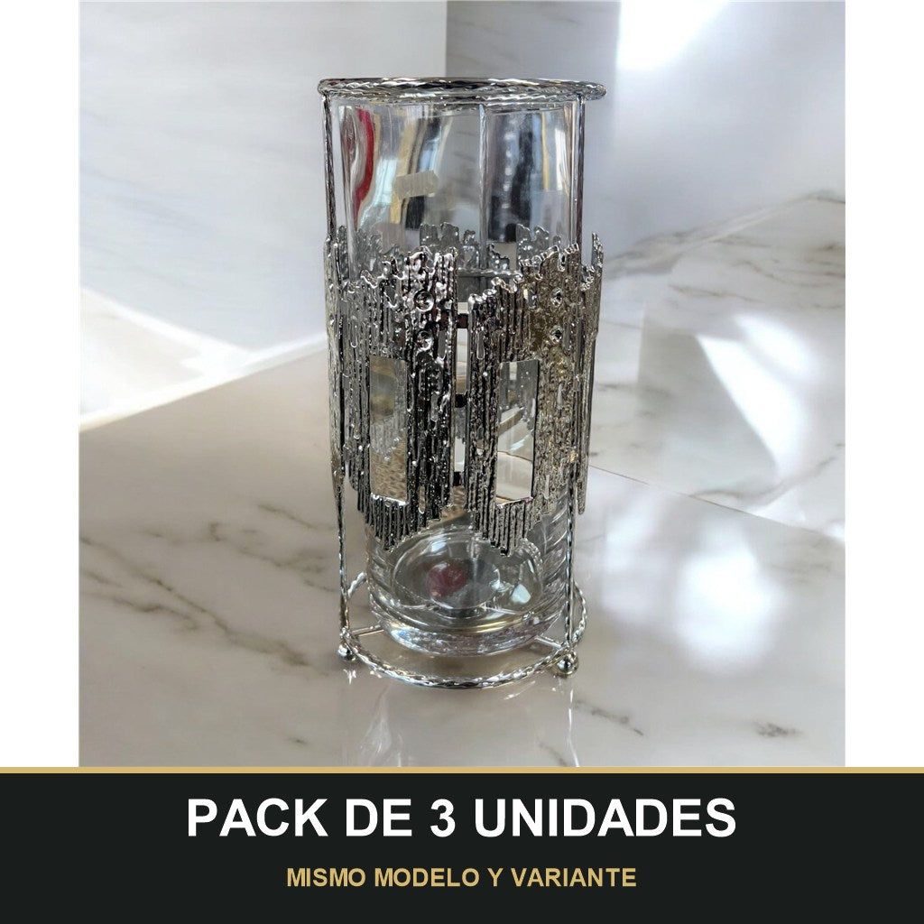 PACK DE 3 UNIDADES — Portavelas de Cristal con Detalle Metálico Plateado – Diseño Moderno y Elegante. MISMO MODELO Y VARIANTE
