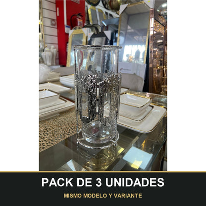 PACK DE 3 UNIDADES — Portavelas de Cristal con Detalle Metálico Plateado – Diseño Moderno y Elegante. MISMO MODELO Y VARIANTE