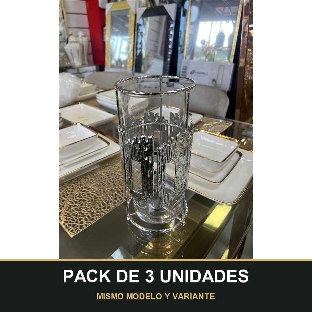 PACK DE 3 UNIDADES — Portavelas de Cristal con Detalle Metálico Plateado – Diseño Moderno y Elegante. MISMO MODELO Y VARIANTE