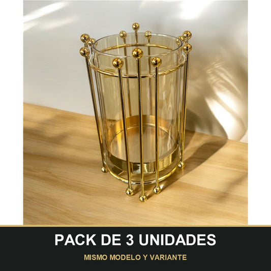 PACK DE 3 UNIDADES — Portavelas de Cristal Ámbar con Estructura Dorada – Diseño Moderno y Lujoso. MISMO MODELO Y VARIANTE