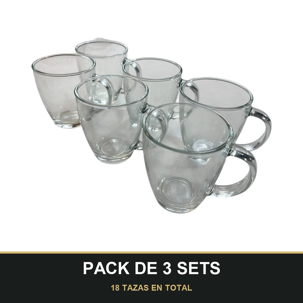 PACK DE 3 SETS — Set de 6 tazas de vidrio con asa — diseño práctico y elegante para tu día a día ☕️✨. 18 TAZAS EN TOTAL