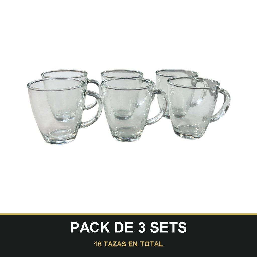 PACK DE 3 SETS — Set de 6 tazas de vidrio con asa — diseño práctico y elegante para tu día a día ☕️✨. 18 TAZAS EN TOTAL
