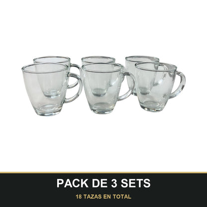 PACK DE 3 SETS — Set de 6 tazas de vidrio con asa — diseño práctico y elegante para tu día a día ☕️✨. 18 TAZAS EN TOTAL