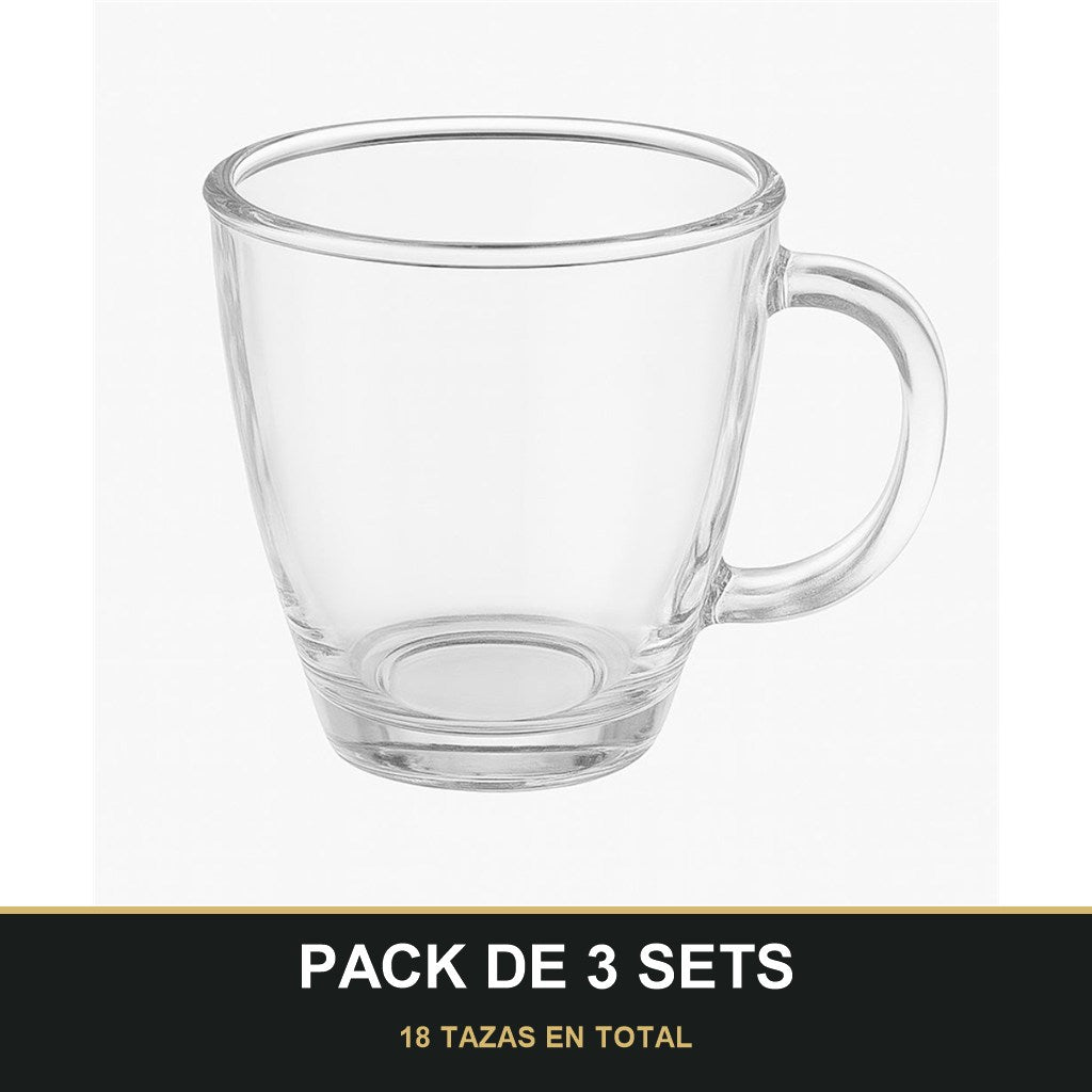 PACK DE 3 SETS — Set de 6 tazas de vidrio con asa — diseño práctico y elegante para tu día a día ☕️✨. 18 TAZAS EN TOTAL