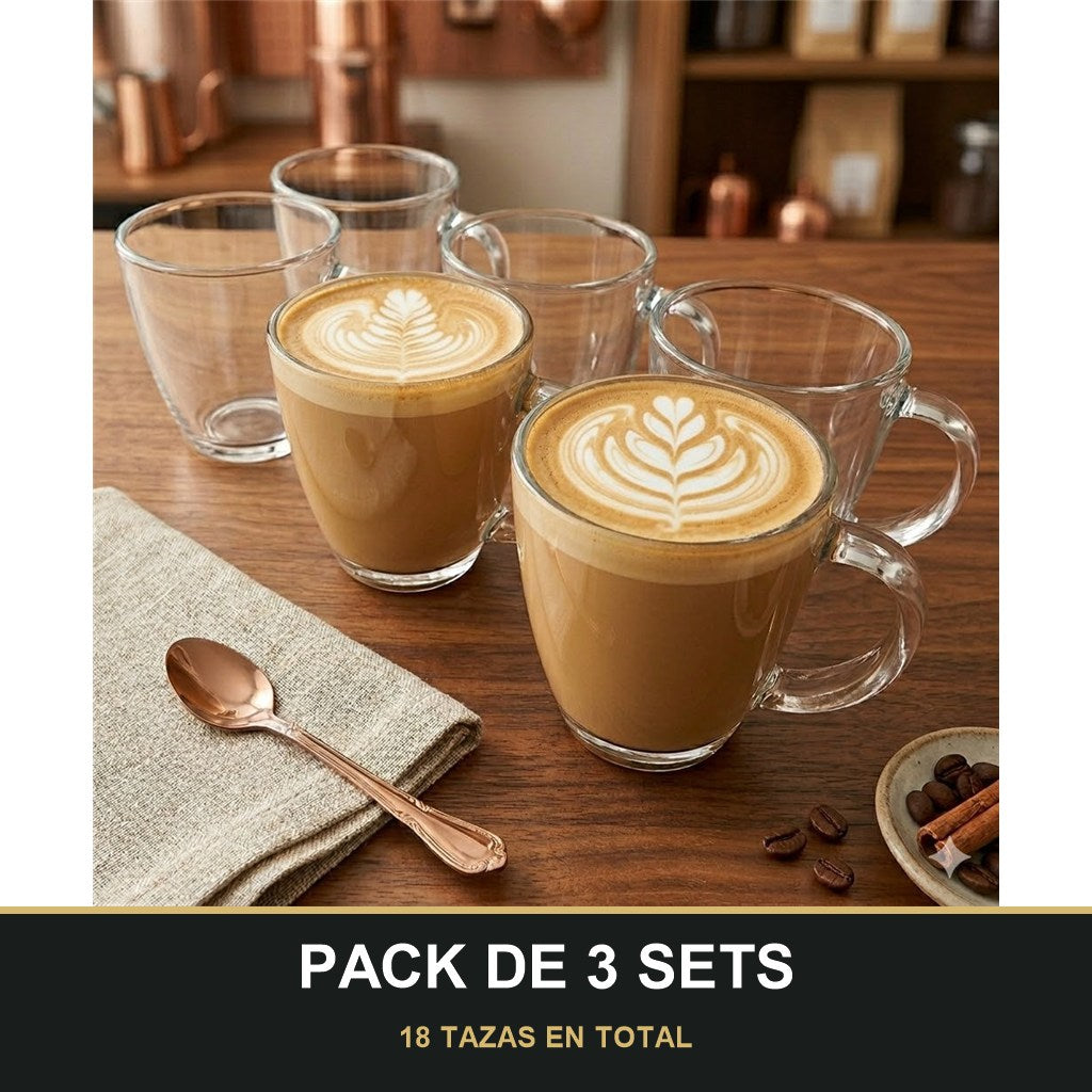 PACK DE 3 SETS — Set de 6 tazas de vidrio con asa — diseño práctico y elegante para tu día a día ☕️✨. 18 TAZAS EN TOTAL