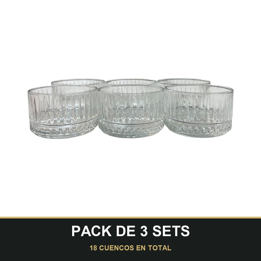 PACK DE 3 SETS — Set de 6 cuencos de vidrio grabado — 215 ml, elegancia en cada detalle ✅. 18 CUENCOS EN TOTAL