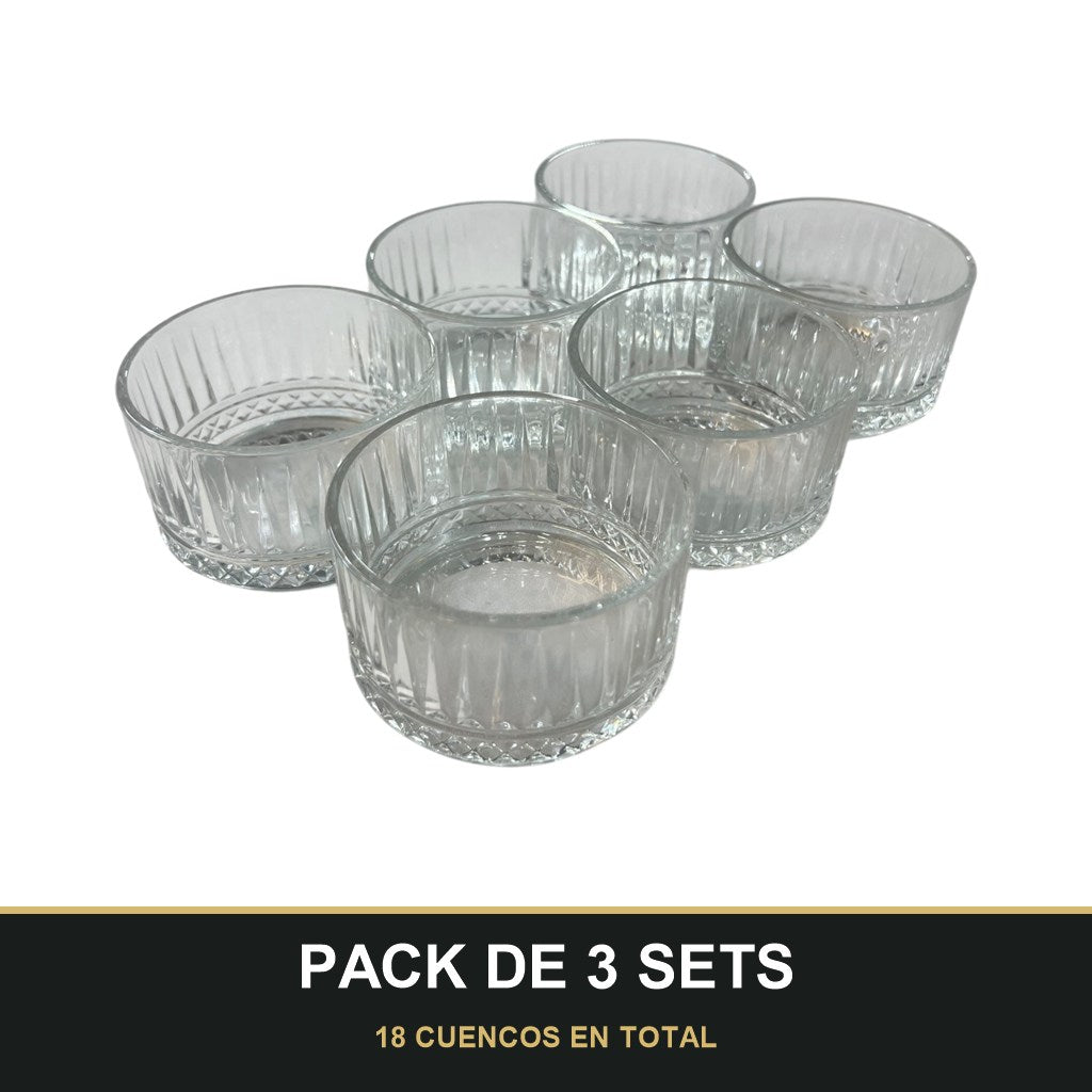PACK DE 3 SETS — Set de 6 cuencos de vidrio grabado — 215 ml, elegancia en cada detalle ✅. 18 CUENCOS EN TOTAL