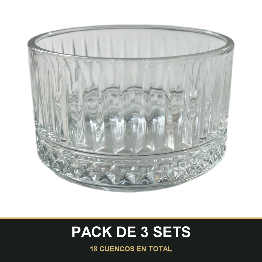PACK DE 3 SETS — Set de 6 cuencos de vidrio grabado — 215 ml, elegancia en cada detalle ✅. 18 CUENCOS EN TOTAL