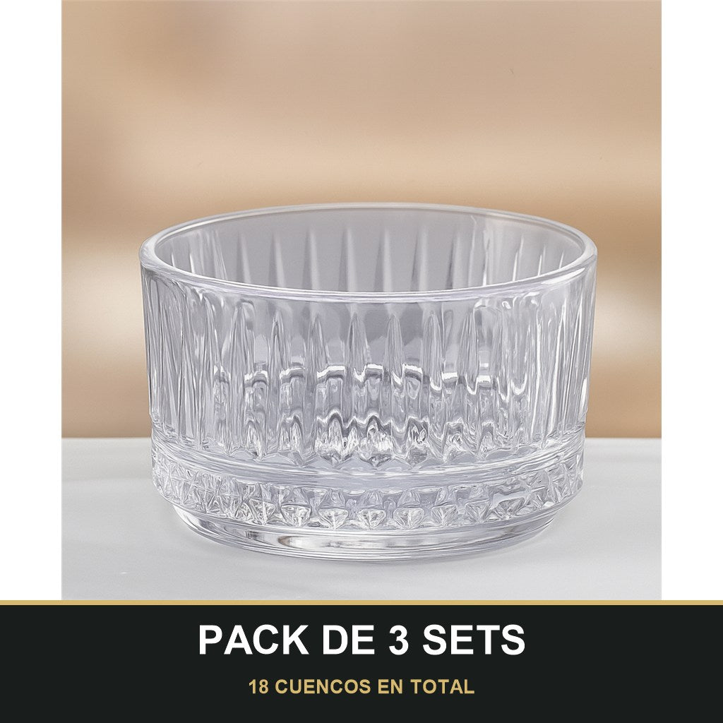 PACK DE 3 SETS — Set de 6 cuencos de vidrio grabado — 215 ml, elegancia en cada detalle ✅. 18 CUENCOS EN TOTAL