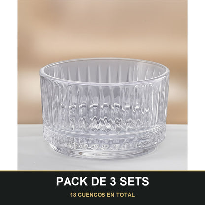 PACK DE 3 SETS — Set de 6 cuencos de vidrio grabado — 215 ml, elegancia en cada detalle ✅. 18 CUENCOS EN TOTAL