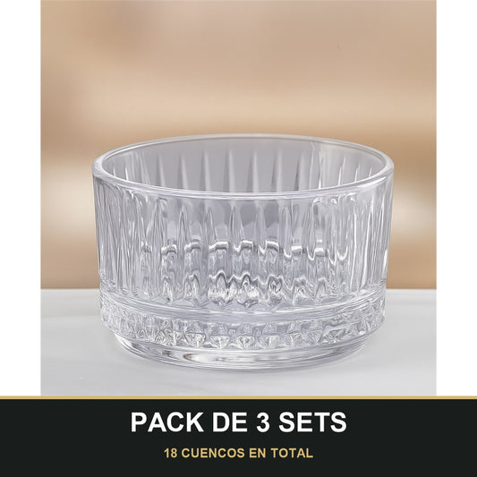 PACK DE 3 SETS — Set de 6 cuencos de vidrio grabado — 215 ml, elegancia en cada detalle ✅. 18 CUENCOS EN TOTAL