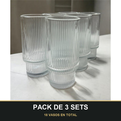 PACK DE 3 SETS — Set de 6 Vasos Altos – Diseño Acanalado de Cristal. 18 VASOS EN TOTAL