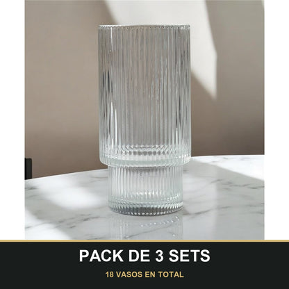 PACK DE 3 SETS — Set de 6 Vasos Altos – Diseño Acanalado de Cristal. 18 VASOS EN TOTAL
