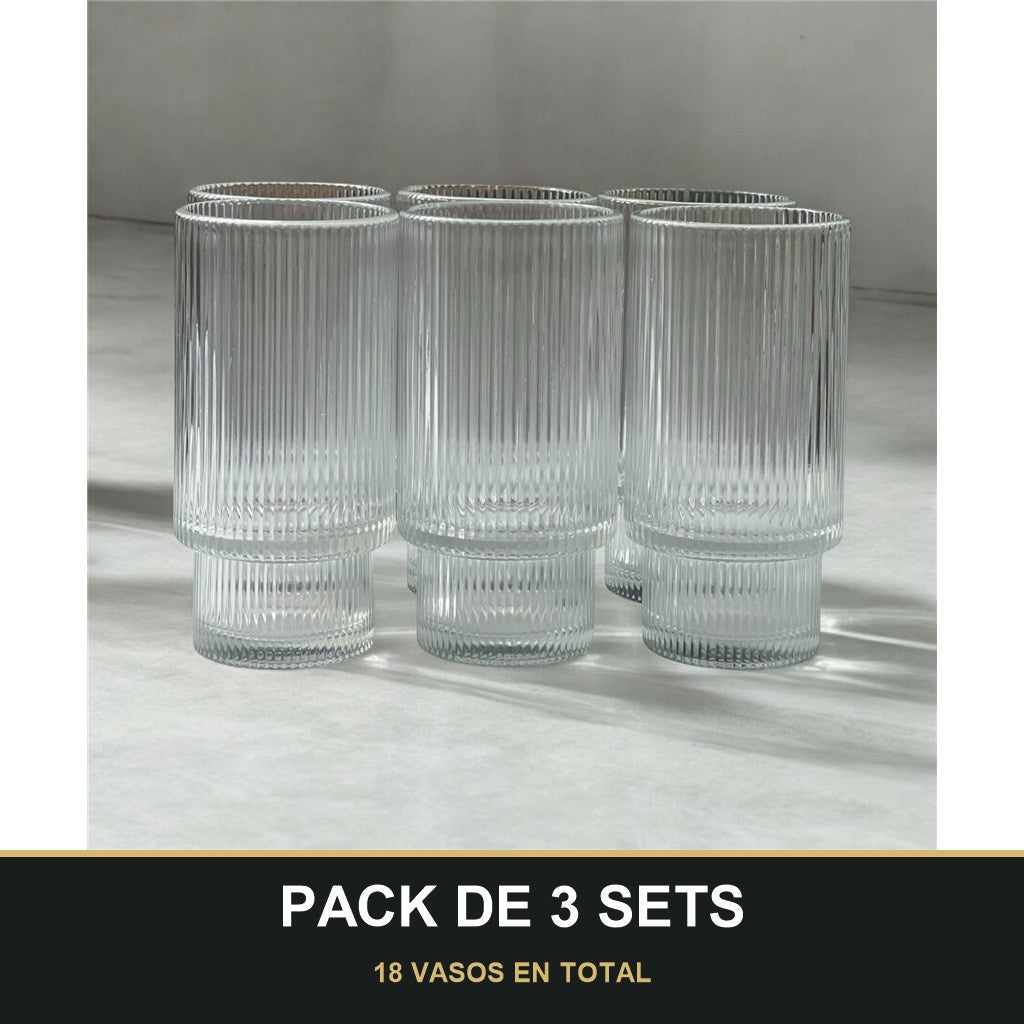 PACK DE 3 SETS — Set de 6 Vasos Altos – Diseño Acanalado de Cristal. 18 VASOS EN TOTAL