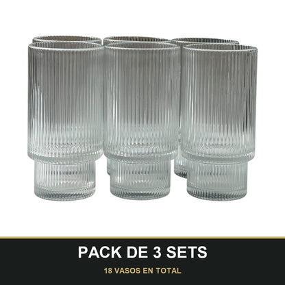 PACK DE 3 SETS — Set de 6 Vasos Altos – Diseño Acanalado de Cristal. 18 VASOS EN TOTAL