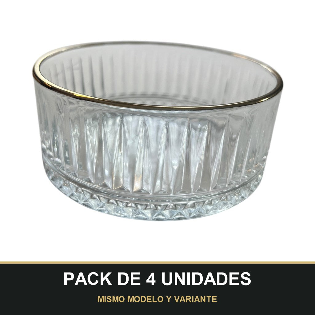 PACK DE 4 UNIDADES — Cuenco de cristal grabado con filo dorado — Alta calidad y distinción para tu mesa. MISMO MODELO Y VARIANTE