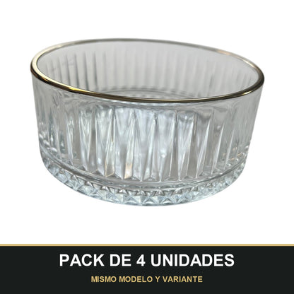 PACK DE 4 UNIDADES — Cuenco de cristal grabado con filo dorado — Alta calidad y distinción para tu mesa. MISMO MODELO Y VARIANTE