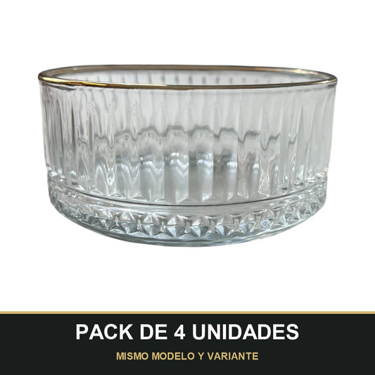 PACK DE 4 UNIDADES — Cuenco de cristal grabado con filo dorado — Alta calidad y distinción para tu mesa. MISMO MODELO Y VARIANTE
