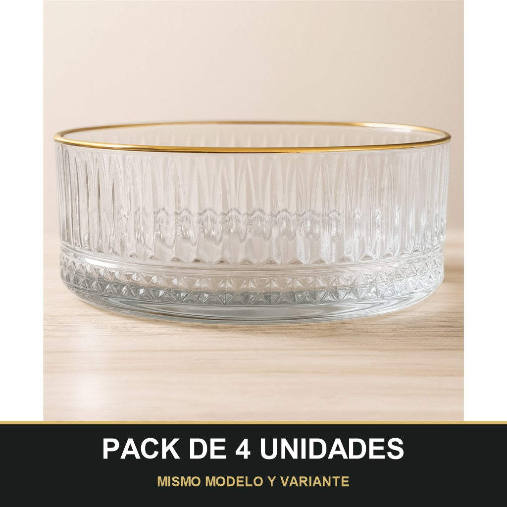 PACK DE 4 UNIDADES — Cuenco de cristal grabado con filo dorado — Alta calidad y distinción para tu mesa. MISMO MODELO Y VARIANTE