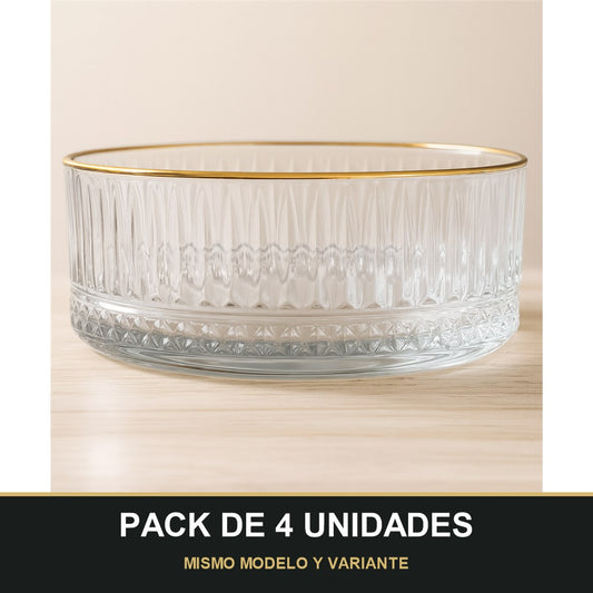 PACK DE 4 UNIDADES — Cuenco de cristal grabado con filo dorado — Alta calidad y distinción para tu mesa. MISMO MODELO Y VARIANTE
