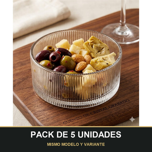 PACK DE 5 UNIDADES — Cuenco de cristal grabado — Alta calidad y estilo en tu mesa 🍃✨. MISMO MODELO Y VARIANTE