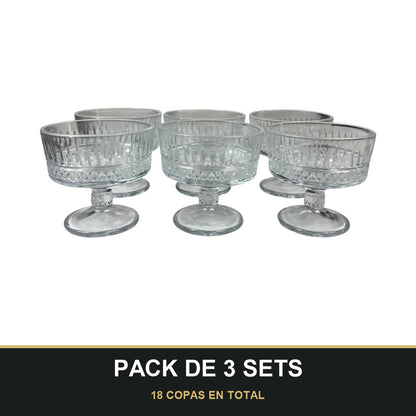 PACK DE 3 SETS — Set de 6 copas de cristal grabado para postre — elegancia y tradición en cada detalle. 18 COPAS EN TOTAL